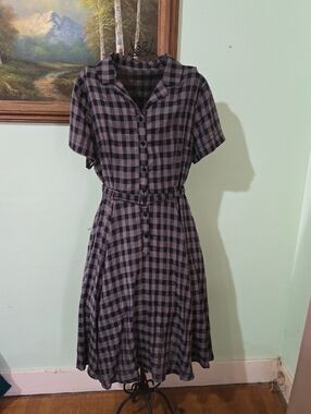 Xiaolizi Retro Fit And Flare Checked Linen Lightweight Dress Buttondown. L 50's